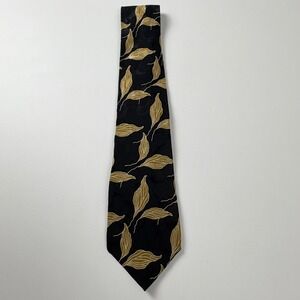 Vintage 90s Torriani Black Gold Botanical Leaf Print Silk Tie Italy